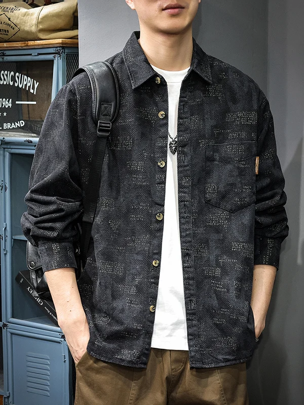 

Spring Autumn Men's Loose Casual Long Sve irt Vintage American Waed Printed Outerwear Comfortable Polyester Fiber