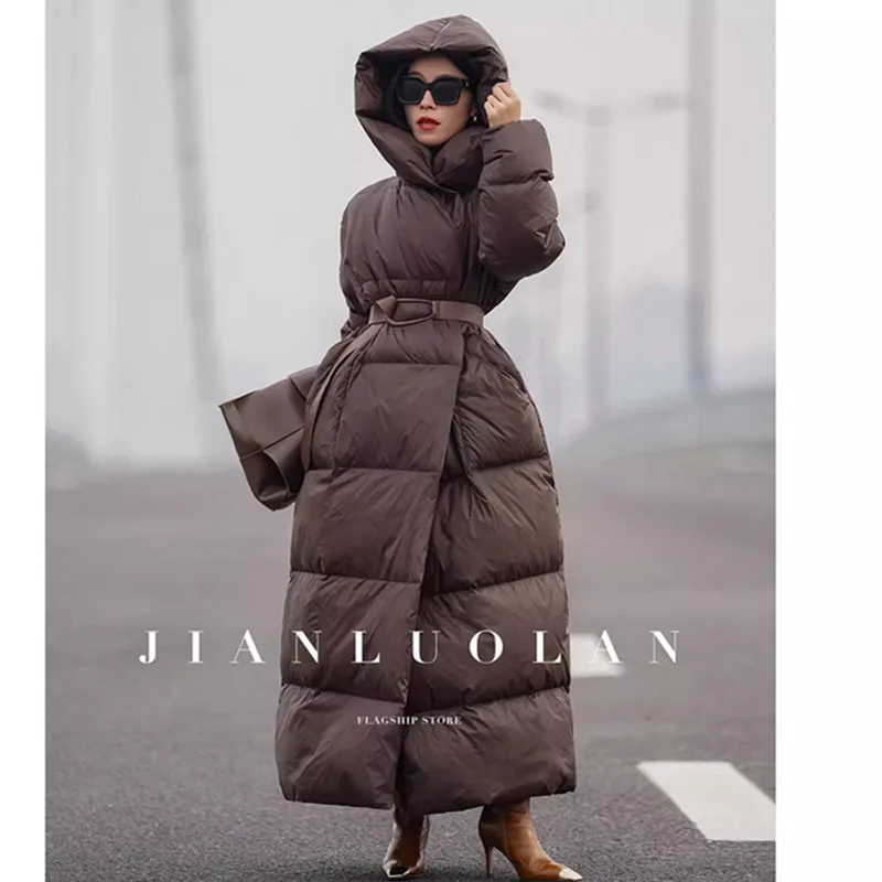 Winter Extra Long White Duck down Jacket For women\'s 2025 New Thicken Hooded Down Coat Women Windproof Warm Parka Overcoat