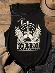 Women's Summer ROCK Roll Letter Print Large Casual Sleeveless Loose Tank Top T-shirt Print Tank Tops Women Fashion Streetwear