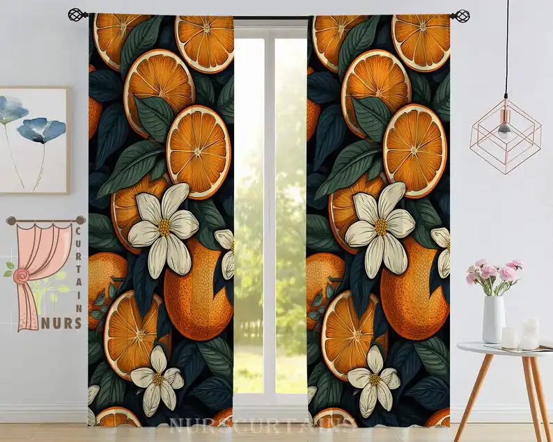 Orange Flower Blackout Curtain: Fruit Themed Kitchen & Dining Room Decor