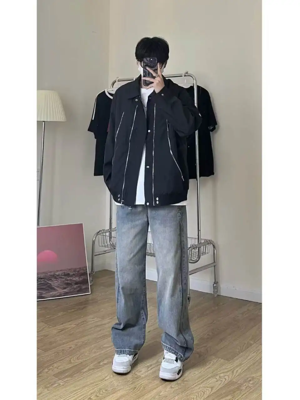 

American High Street Loose Men's Flight Jaet with Multiple Zippers Spring Autumn Trendy Brand Couples Outerwear Top