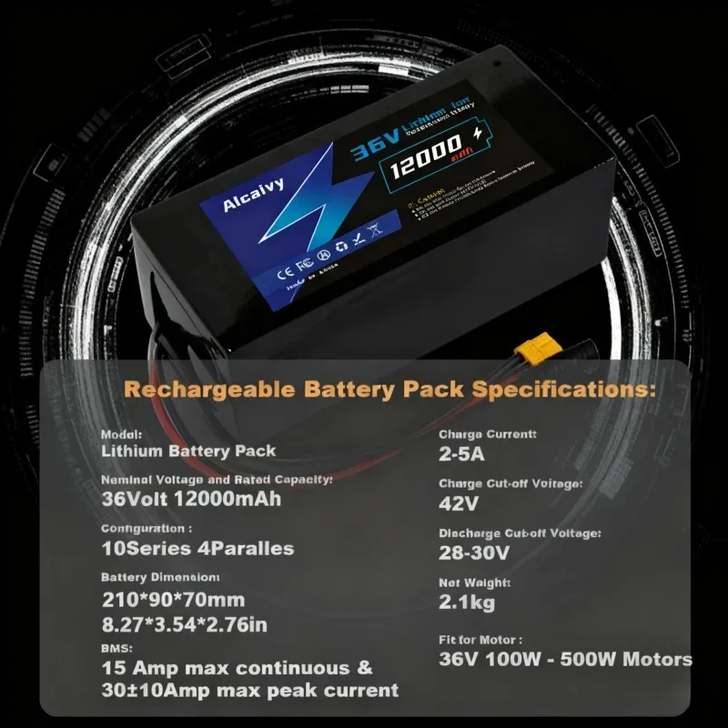 

48V 12Ah Lithium Battery Pack with 30A BMS, Rechargeable for 500W 750W 1000W Bicycle Conversion Kit Long Range