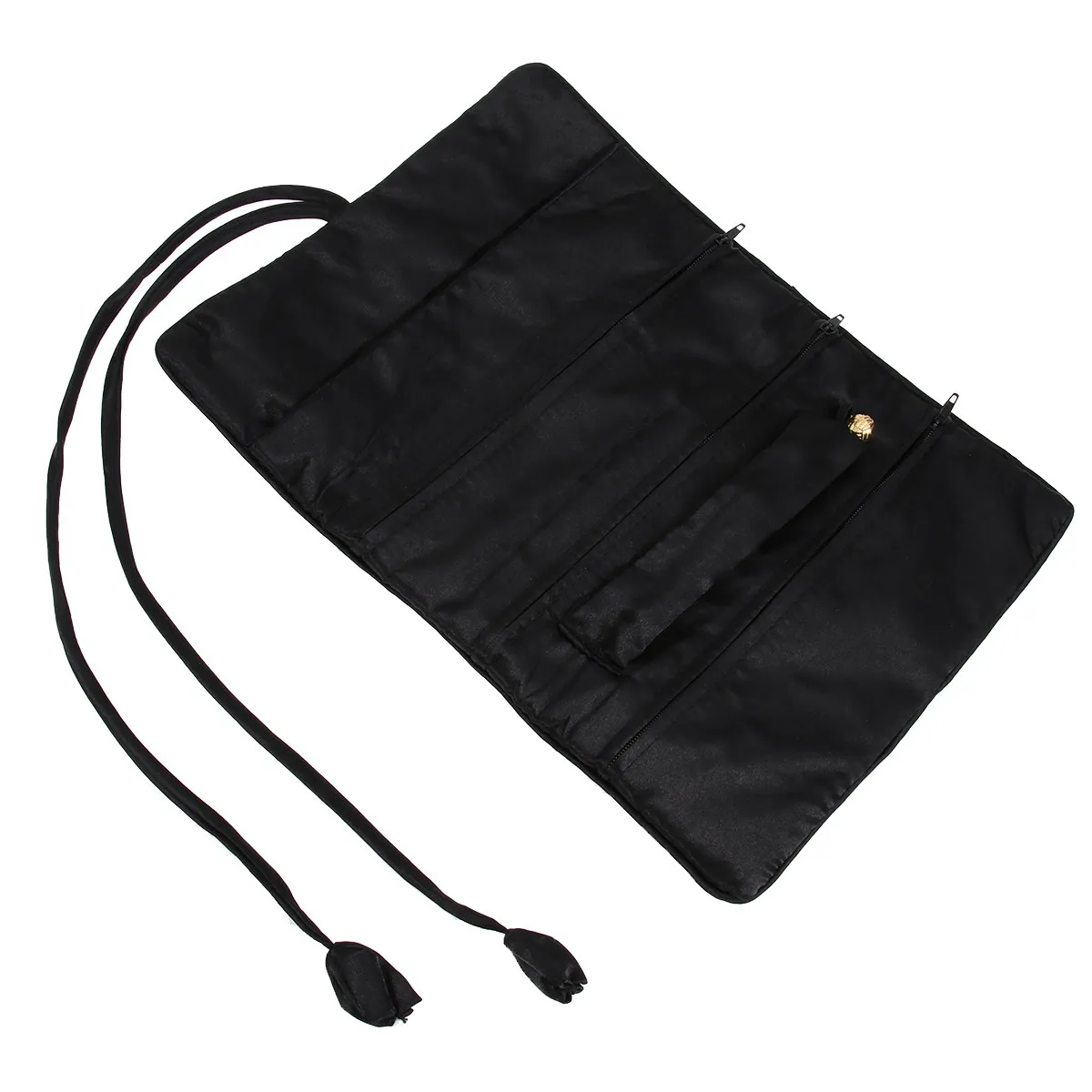 Embroidered Jewelry Roll Bag Black Elegant Handmade Brocade Organizer Large Pocket 3 Zipper Pouches Travel Storage