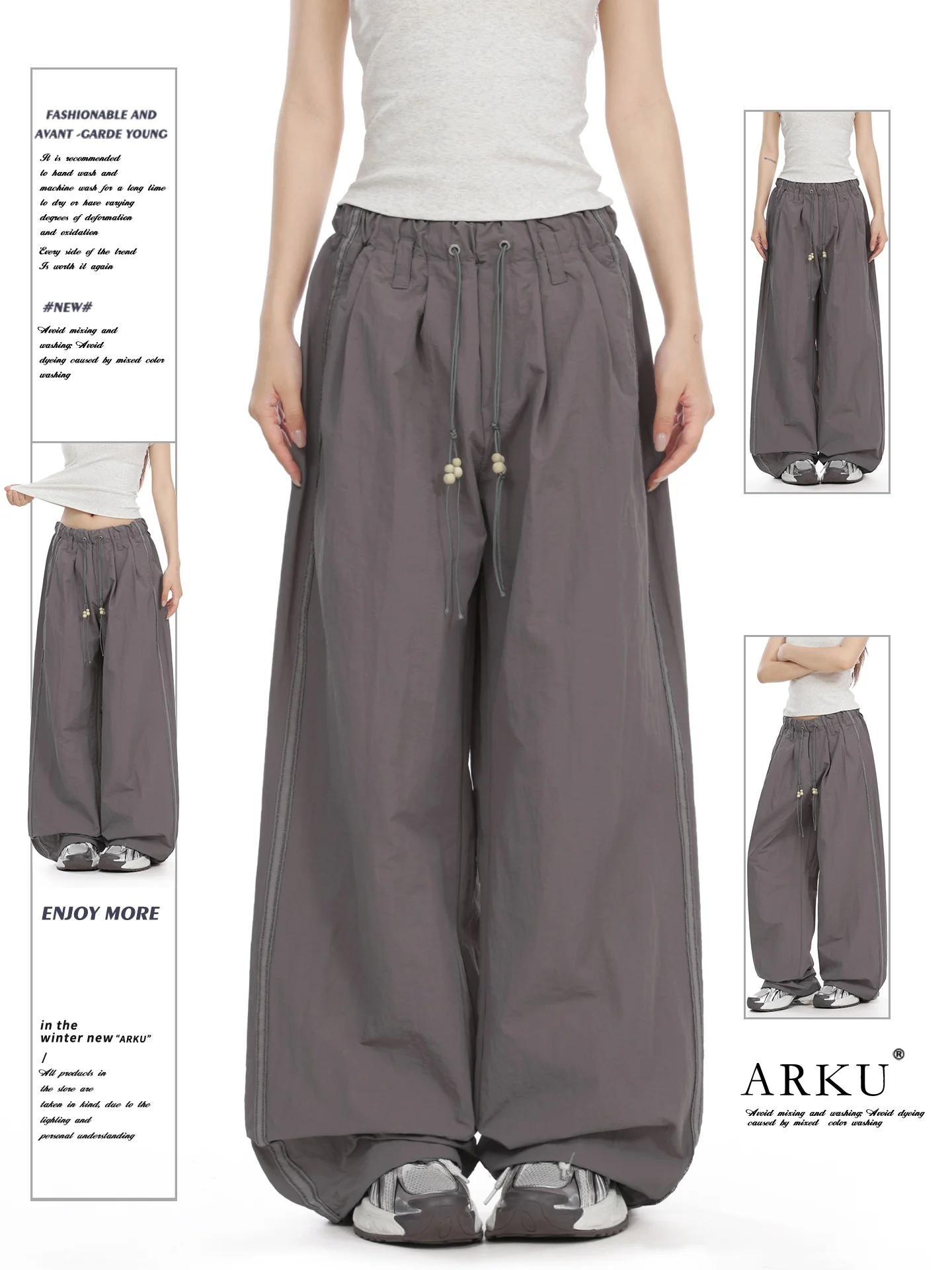 

American Retro Wide Leg Paratrooper Work Pants Loose Thin Casual Straight Tube Pants All Match Paper Bag Pants Ladies