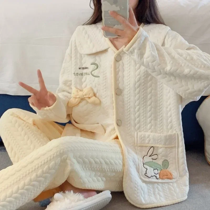 

2024 New Autumn Winter Air Cotton Pajamas Women's Thick Cotton Sleepwear Long Sleeves Sweet Cardigan Set Autumn Warm Loungewear