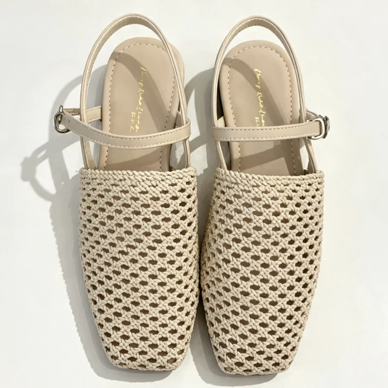 Hand Woven Openwork Mesh Back-strap Flat Sandals Womem Fashion Square-toe Adjustable Metal Buckle Mary Jane Shoes Zapatos Mujer