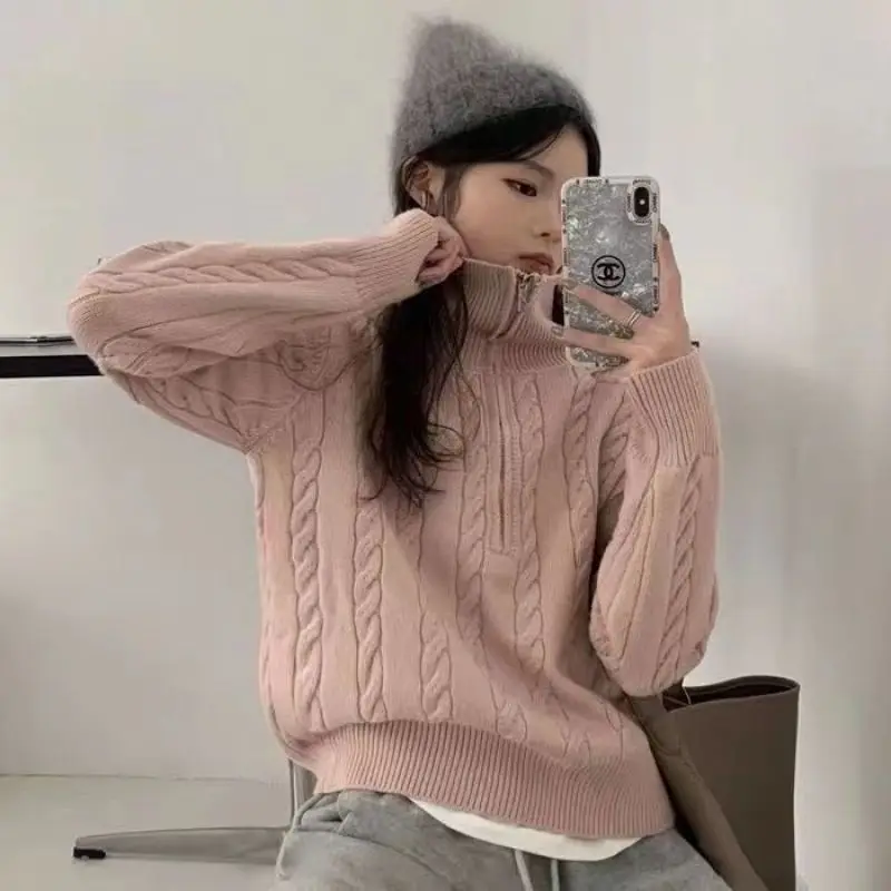 Autumn Winter South Korea Thick Knitted Top Women's Vintage Fried Dough Twists Half Zipper Lazy Versatile Short Pullover Sweater