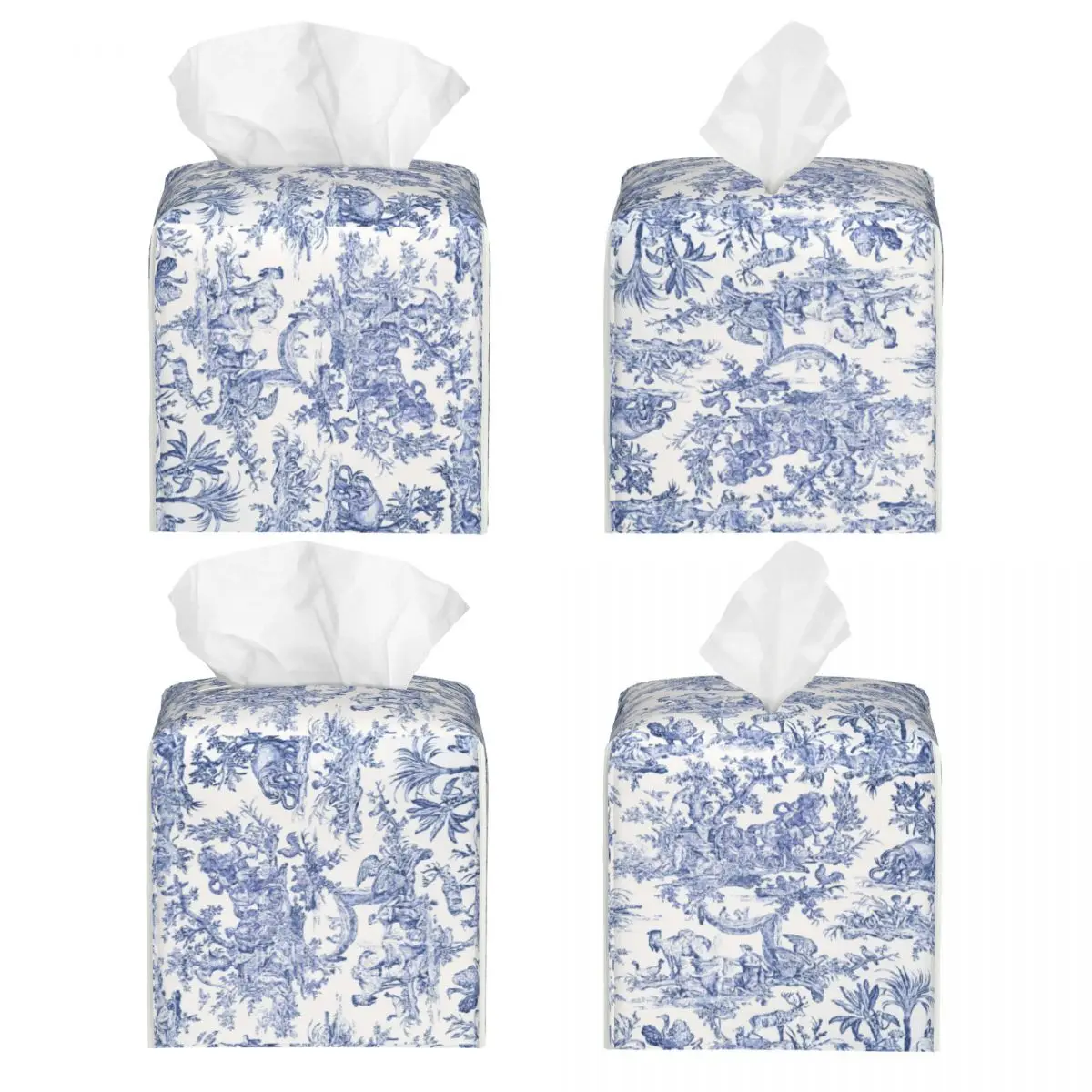 Custom Navy Blue Toile De Jouy Tissue Box Cover PU Leather Square French Countryside Floral Facial Tissues Holder for Bathroom