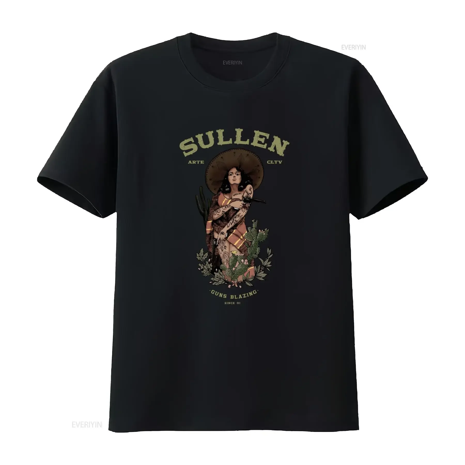 Sullen Guns Blazing Men's Premium Fit T Shirt SCM6701 2 Colors Western Tattooed Woman Design vintage Washed designer clothes