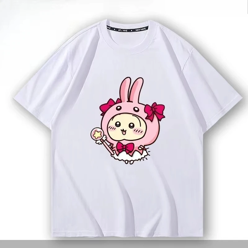 Kawaii Chiikawa Hachiware Heavyweight Short Sleeve T-shirt Camera Print Unisex Cotton Daily Summer Men Women and Kids Tee