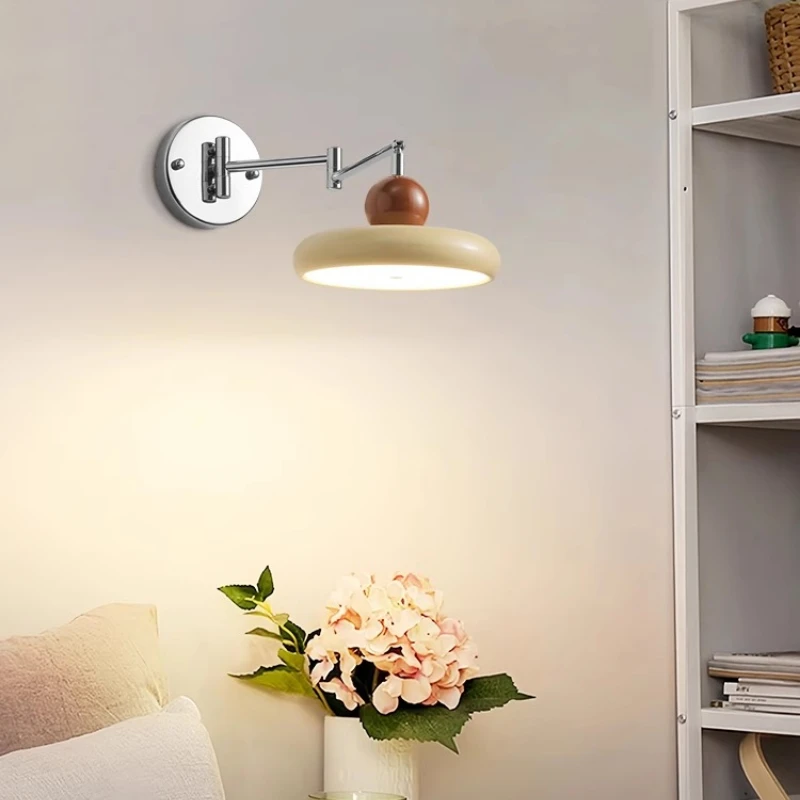 

French retro cream style swing arm wall lamp, bedroom bedside lamp, wiring free, with plug, mid-range rotatable long arm lamp