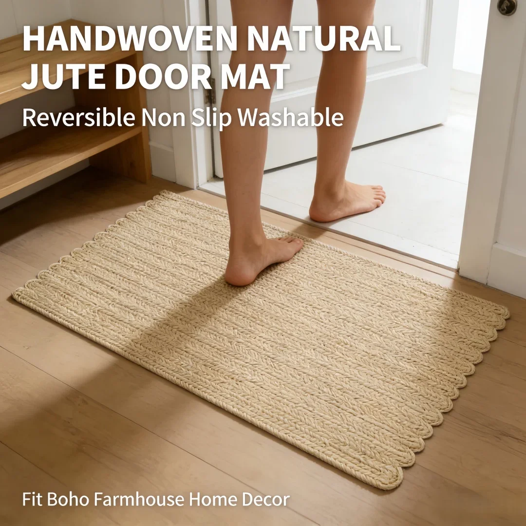 Handwoven Natural Jute Door Mat Reversible Non Slip Washable Indoor Floor Rug Boho Farmhouse Entryway Bath Mat for Home Decor