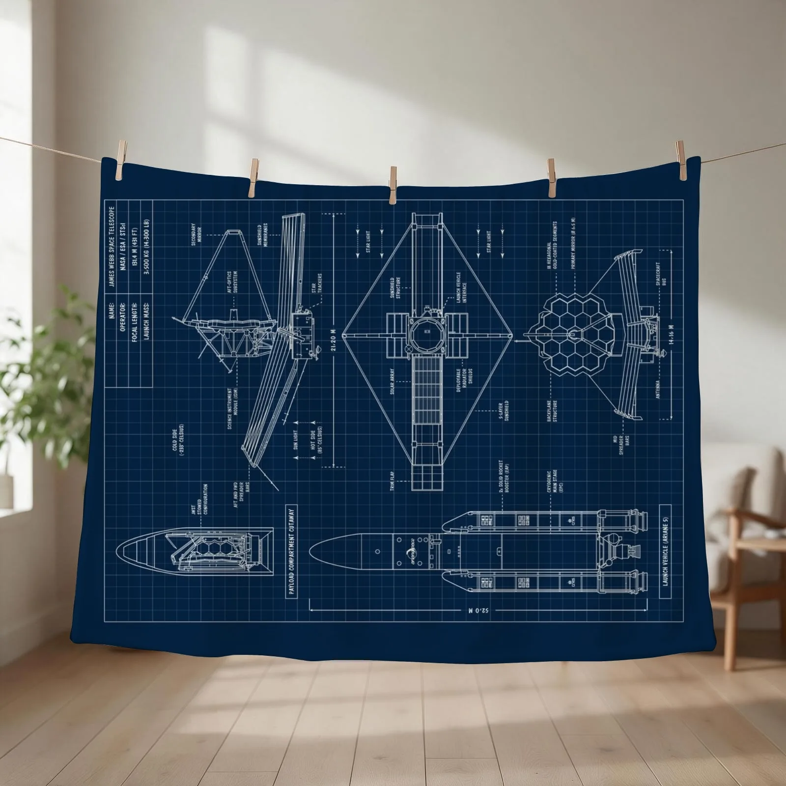 James Webb Space Telescope (Navy Blueprint. Vertical) Throw Blanket couch cozy soft plush fuzzy picnic outdoor blanket