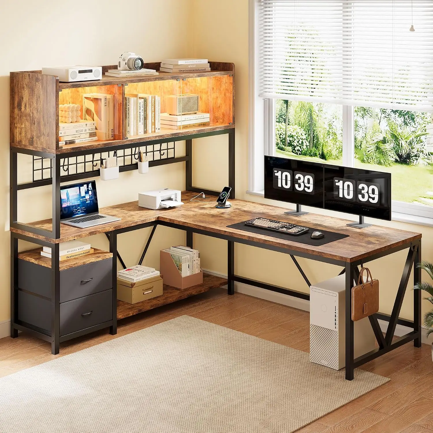 L Shaped Gaming Desk with LED Glass Cabinet, Corner Computer Desk with Charging Station & Fabric Drawer, Brown, Customized