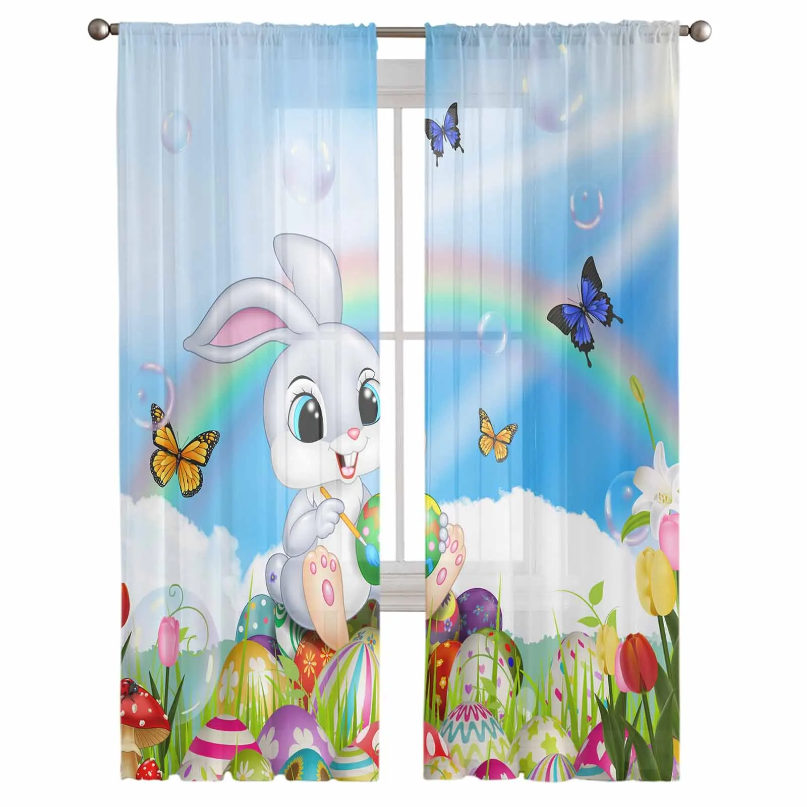 Easter Egg Bunny Cartoon Butterfly Voile Curtains for Bedroom Window Tulle Curtain for Living Room Sheer Blinds Drapes