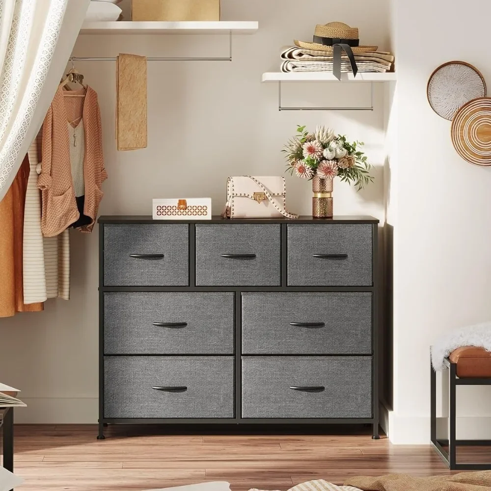 

Wardrobes, Entertainment Center with Fabric Chest of Drawers for Bedroom, Media Console Table with Metal Frame