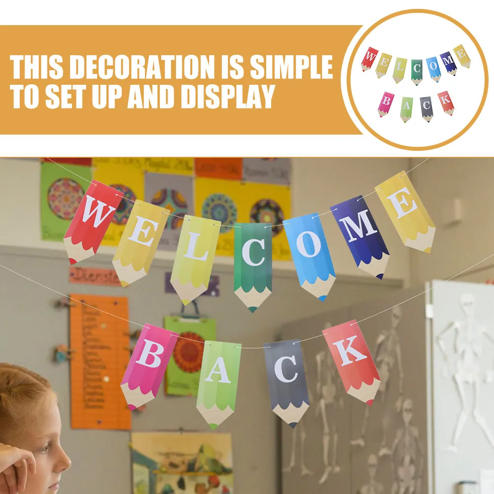 1Set Colorful Welcome Back to School Pencil Letter Banner Classroom Party Decoration Hanging Bunting Wall Decor Banner