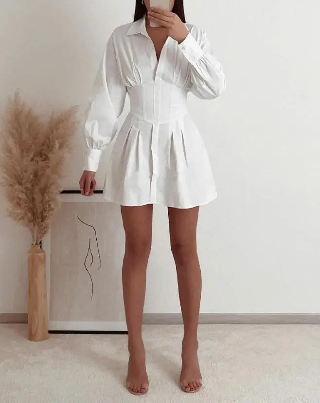 Long Sleeve Corset Shirt Dress 2023 Spring New White Women\'s Dress Temperament Elegant Office Shirt Dress Mini Dress