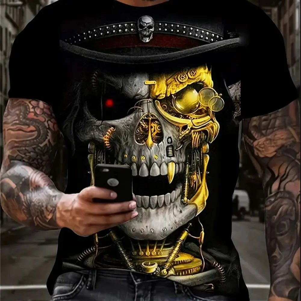 Men's summer 3d printing skull head pattern printed round neck short-sleeved T-shirt top casual fashion
