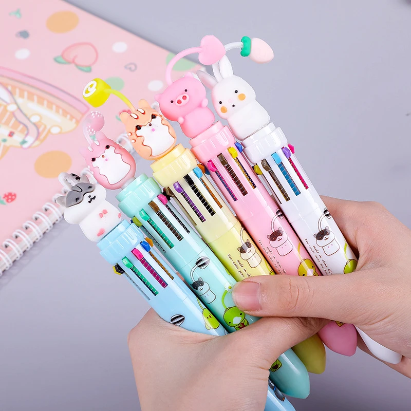 

5Pcs Kawaii Animal 10 Colors Ballpoint Pens Cute Cartoon Rabbit Pig Retractable Multicolor Writing Pen School Office Stationery