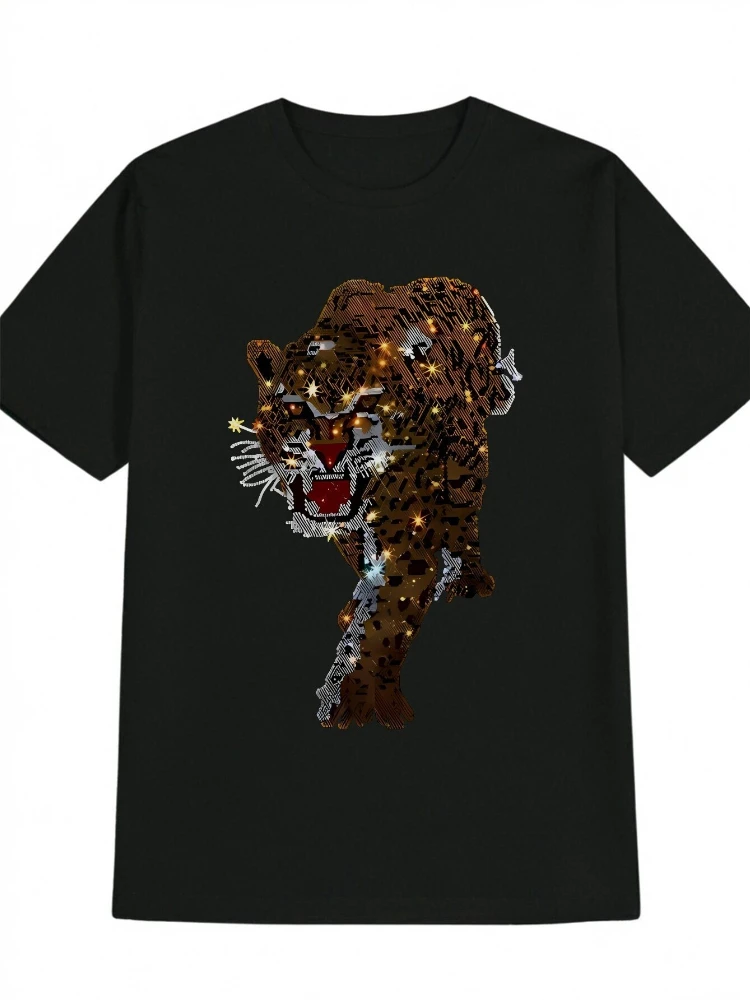 

Men's Casual Crew Neck T-Shirt with Leopard Print design-100% cotton summer casual O-neck short sleeve printed men's T-shirt.