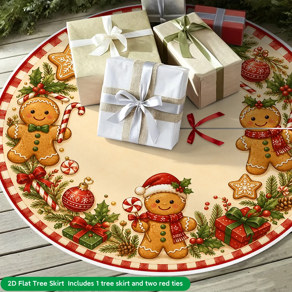 VIKAMA Christmas Tree Skirt Cute Gingerbread Man Candy Cane Holly Gift Box Print Non‑Slip Round Xmas Tree Base Home Decor Mat