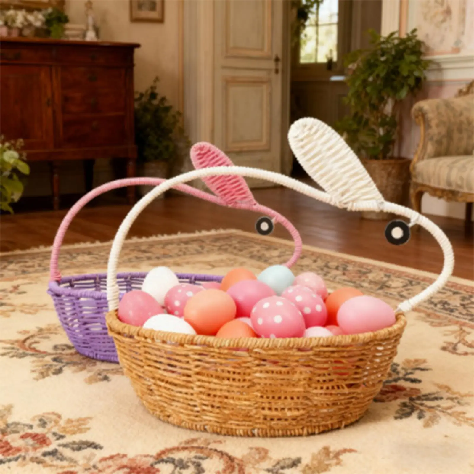 Rattan Basket Bunny Handle Rustic Organizer Decorative Faux Rattan Storage Basket For Kitchen Pantry Bedroom Living Room