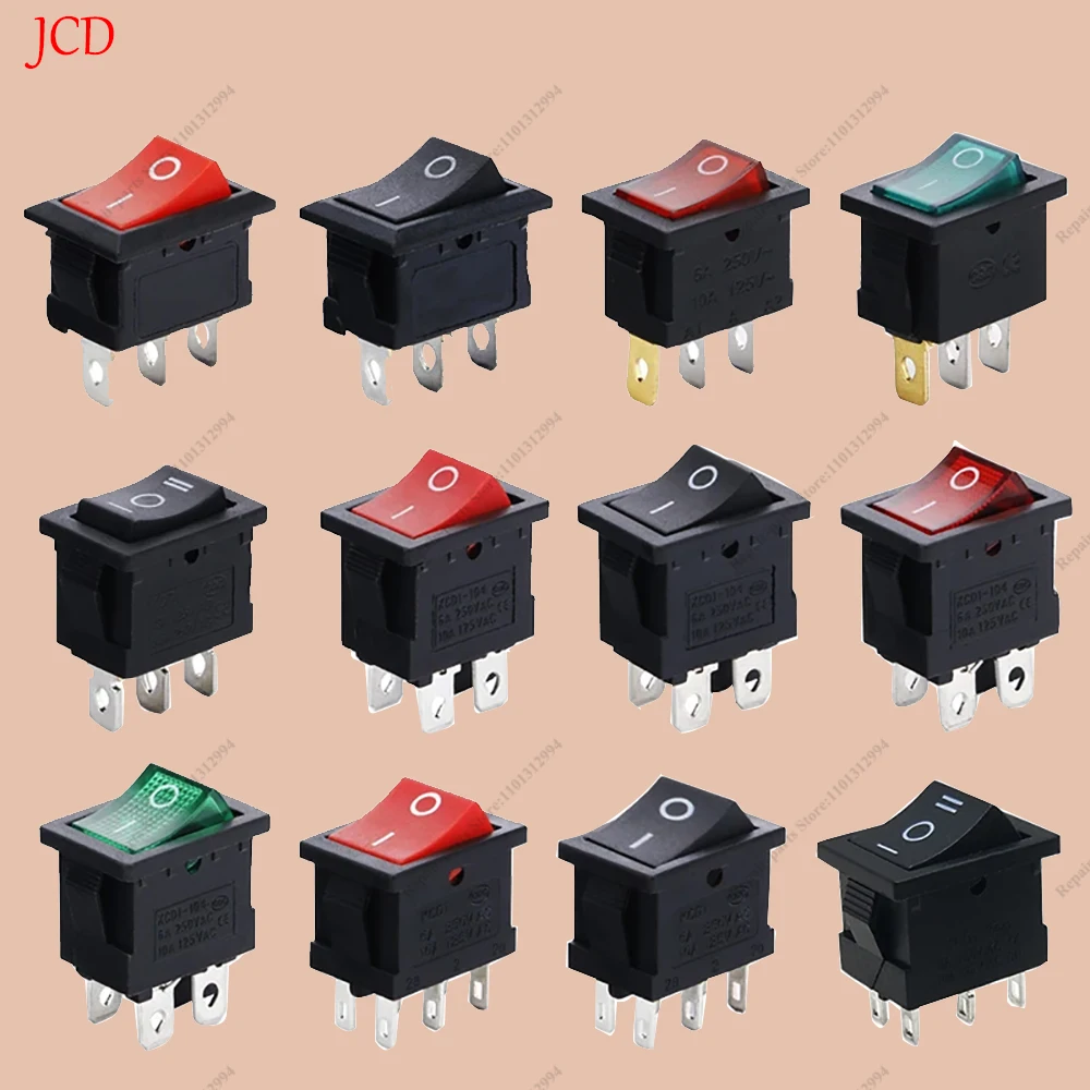 10PCS KCD1-101 Plastic LED Rocker Switch 6A 250VAC 4 Pin On Off DPST 12V 220V Red Lamp Black Latching Power Switch 15x21mm