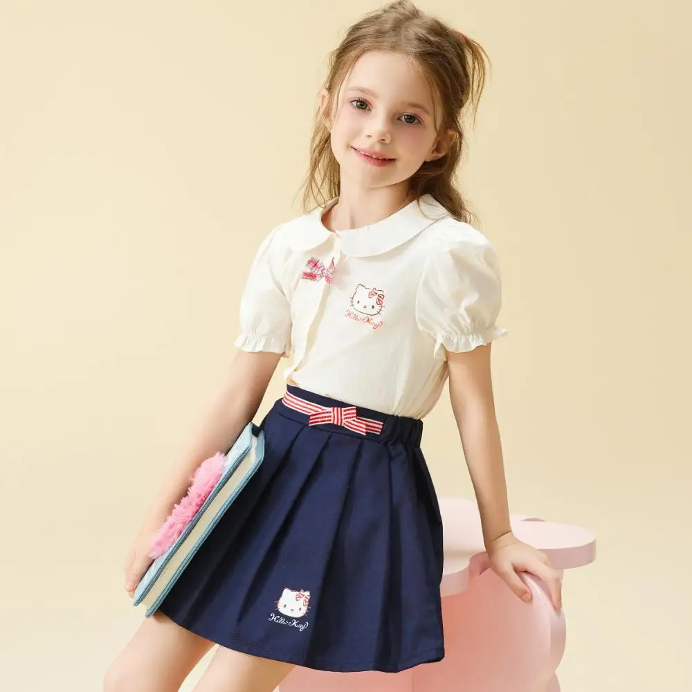 

Sanrio Hello Kitty Girls Short Sleeve Set Summer New Fashionable Sweet T-Shirt Pleated Skirt College Style Uniform Child Dress