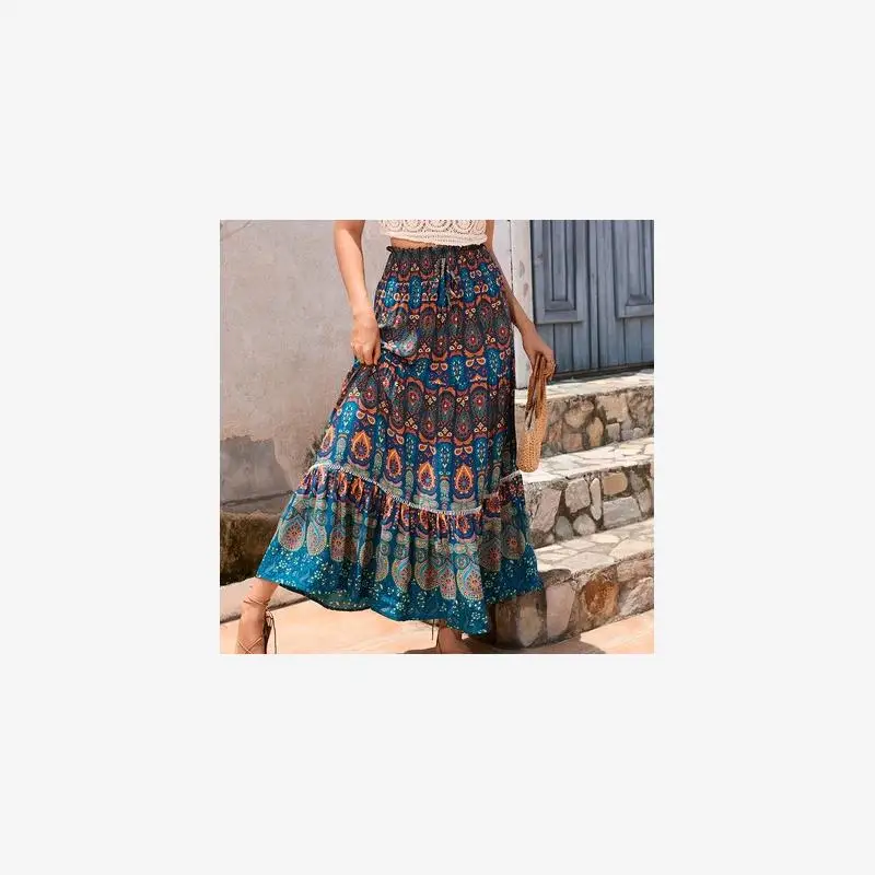Retro Print n Holiday Sle High Waist Beach Skirt Midi Cotton Silk f Skirt Summer Women's A-Line Sweet Sle