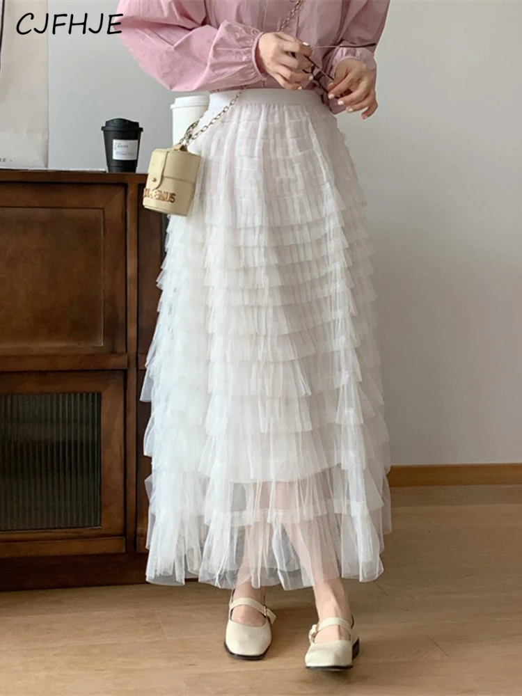 

CJFHJE Spring New High Waist Women's A-line Mesh Cake Skirt Korean Fashion Design Temperament Women Solid Color Fairy Skirt