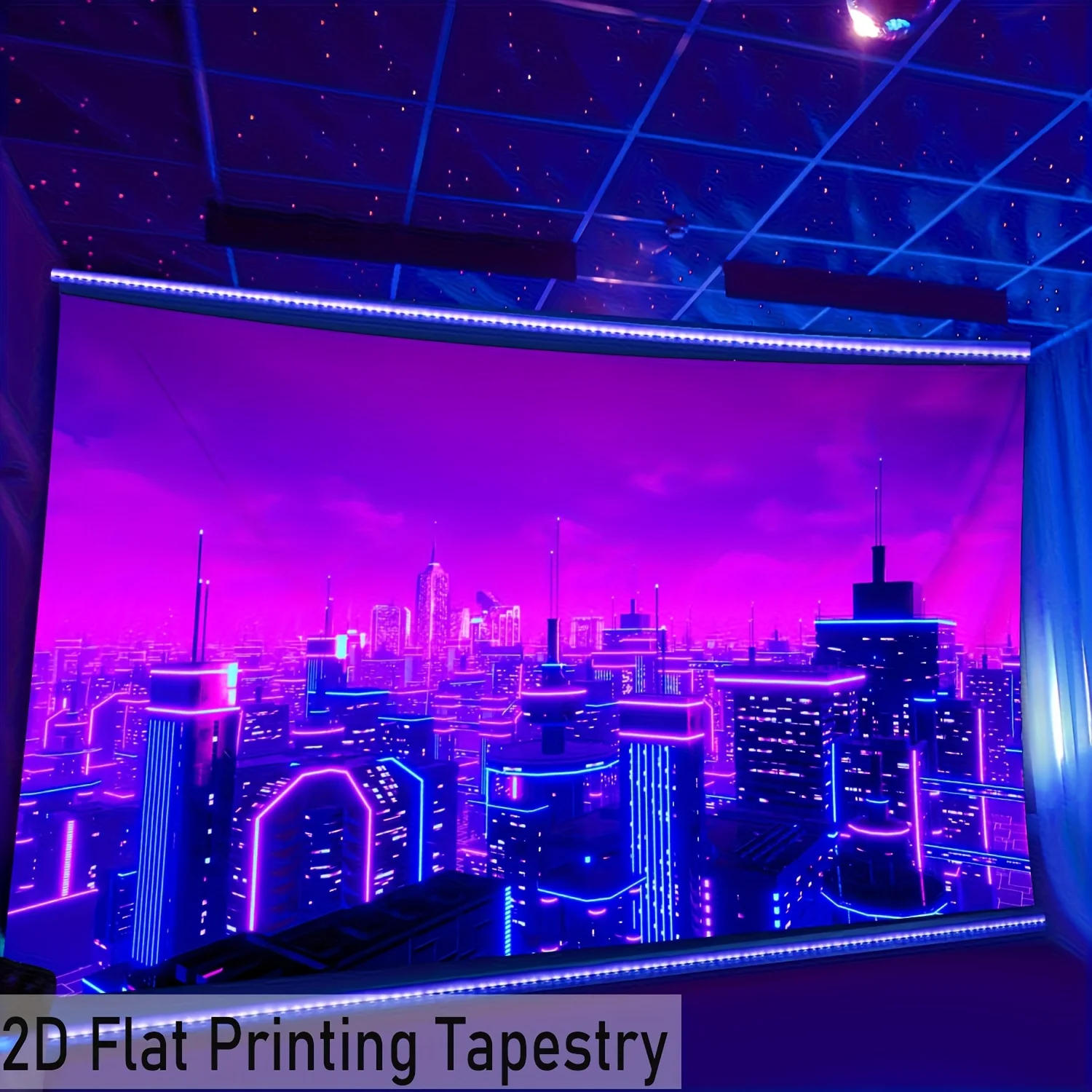 Aesthetic Neon Cityscape Tapestry Wall Decor Synthwave Skyline Digital Print Poster Fabric Art for Modern Home Living Room