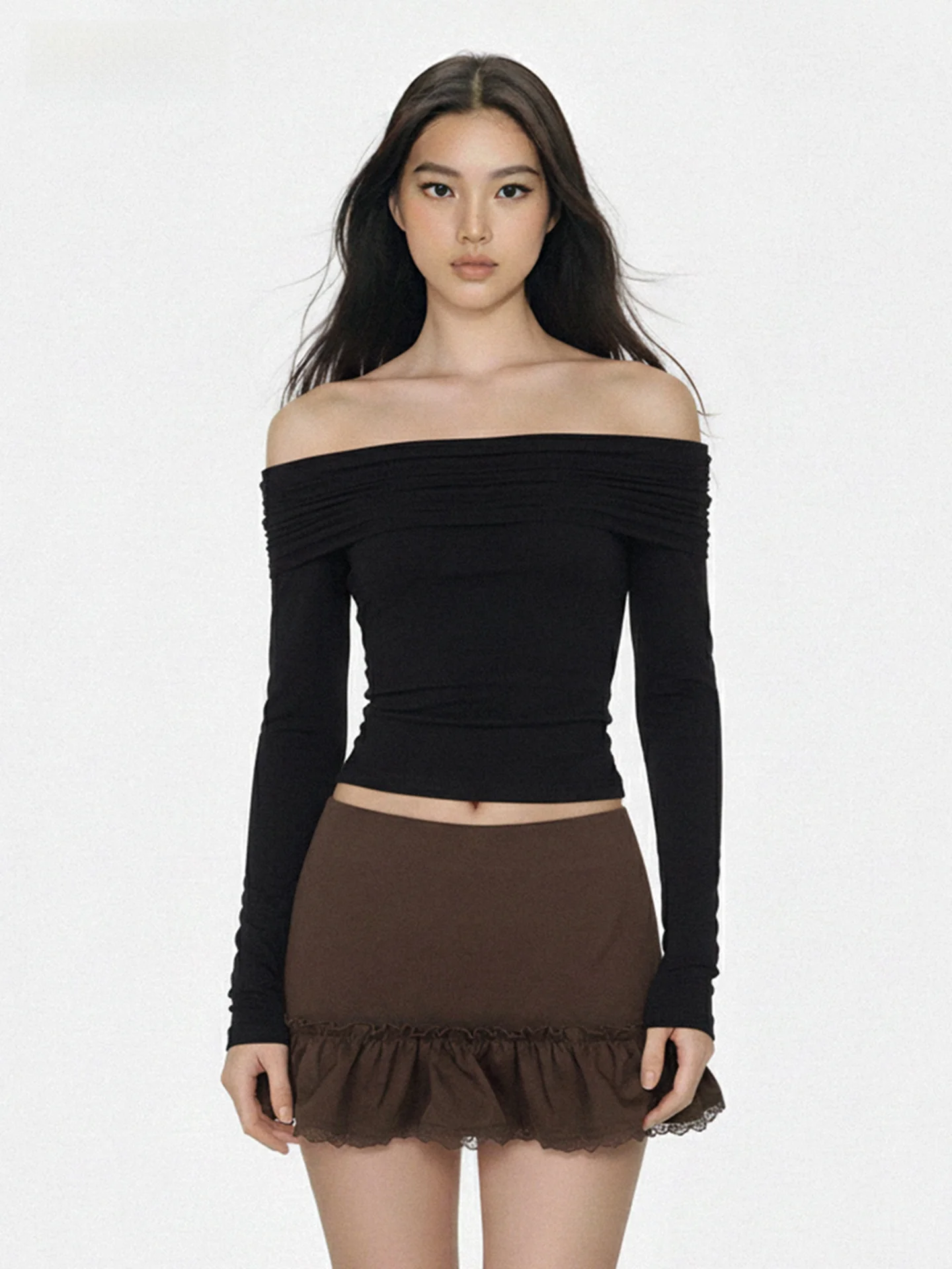 

Простая футболка WAEW с открытыми плечами и длинным рукавом, с узлом, ажурная, эластичная, утягивающая, сексуальная, базовая, приятная для кожи, дышащая