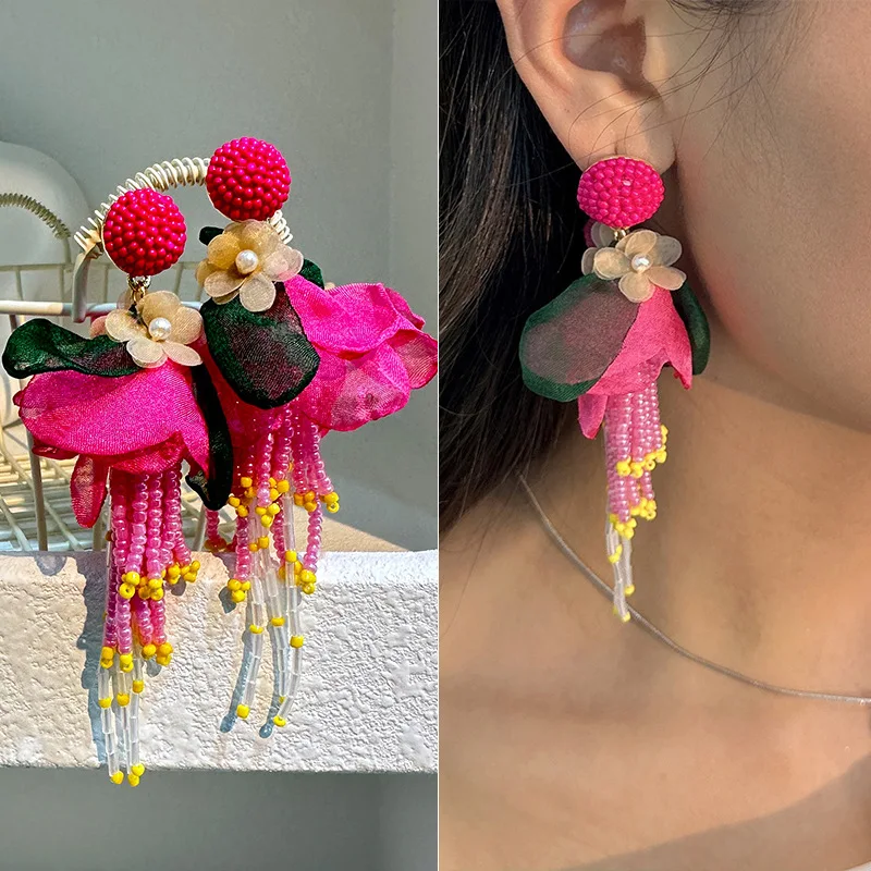 Vintage Bohemia Style Beaded Tassels Earring Women's Korean Style Charm Jewellery Trendy Earrings Classic Flower Petal Jewelry