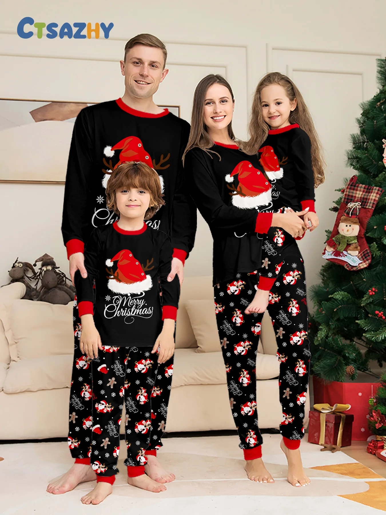 Family Christmas Pajamas Matching Parent-child Sleepwear Black Long Sleeve Santa Reindeer Print Xmas Gift Men Women Kids