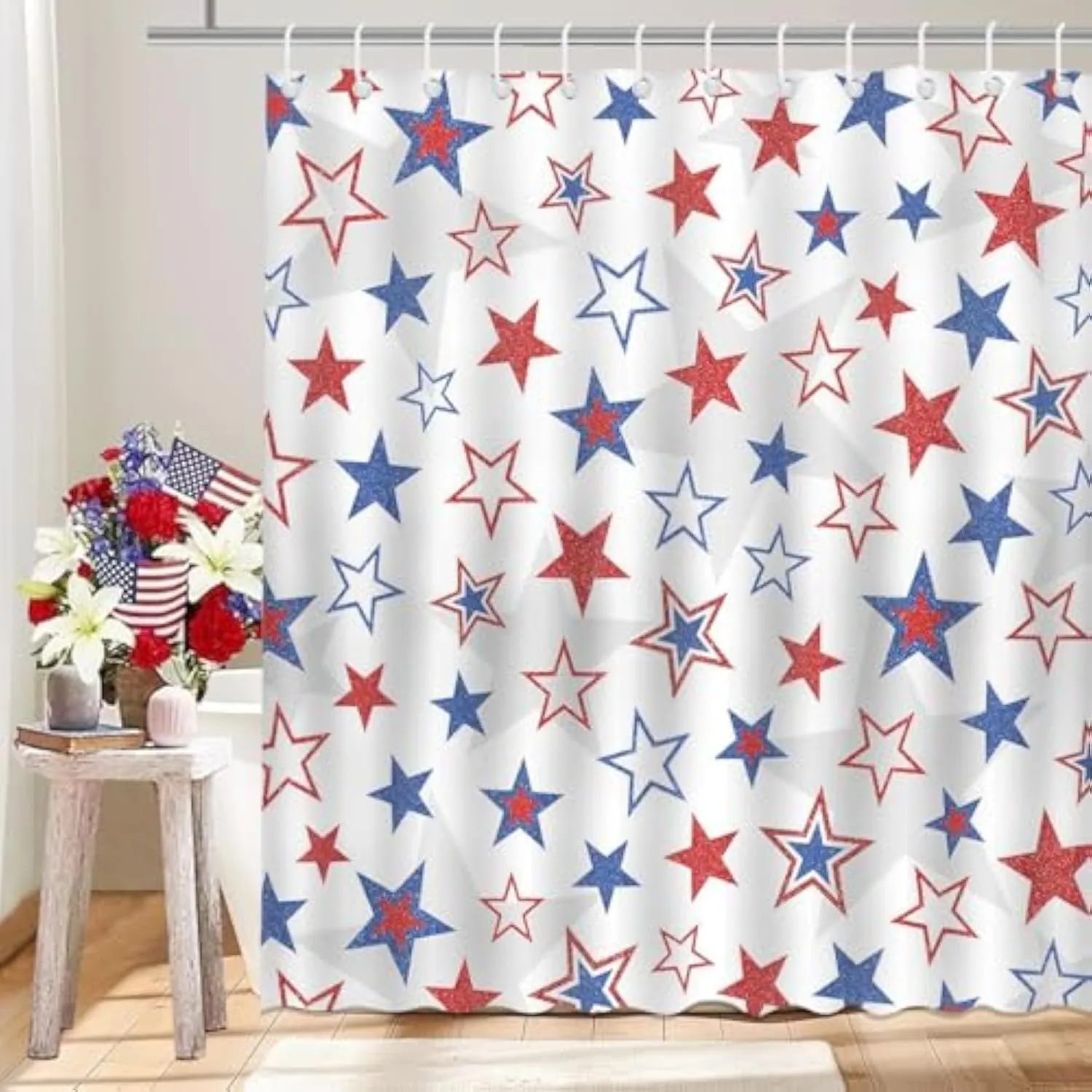4th of July Stars Shower Curtain 250th Independence Day American Patriotic Red Blue Stars Shower Curtain Bathroom Bathtu