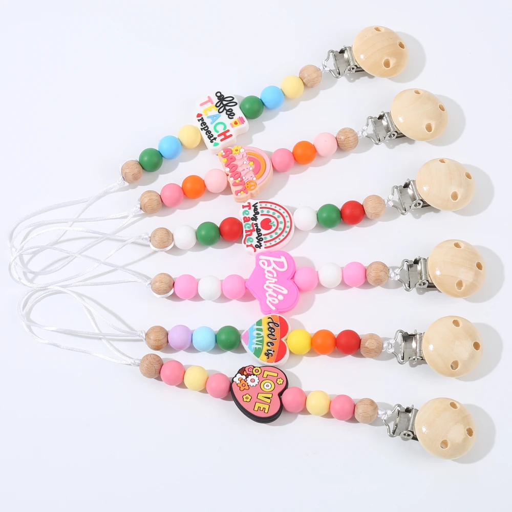 Wooden Round Baby Pacifier Clips Colorful Silicone Heart Beaded For Baby Soothe Nipple Chain Supplies Nursing Teether Chew Toys