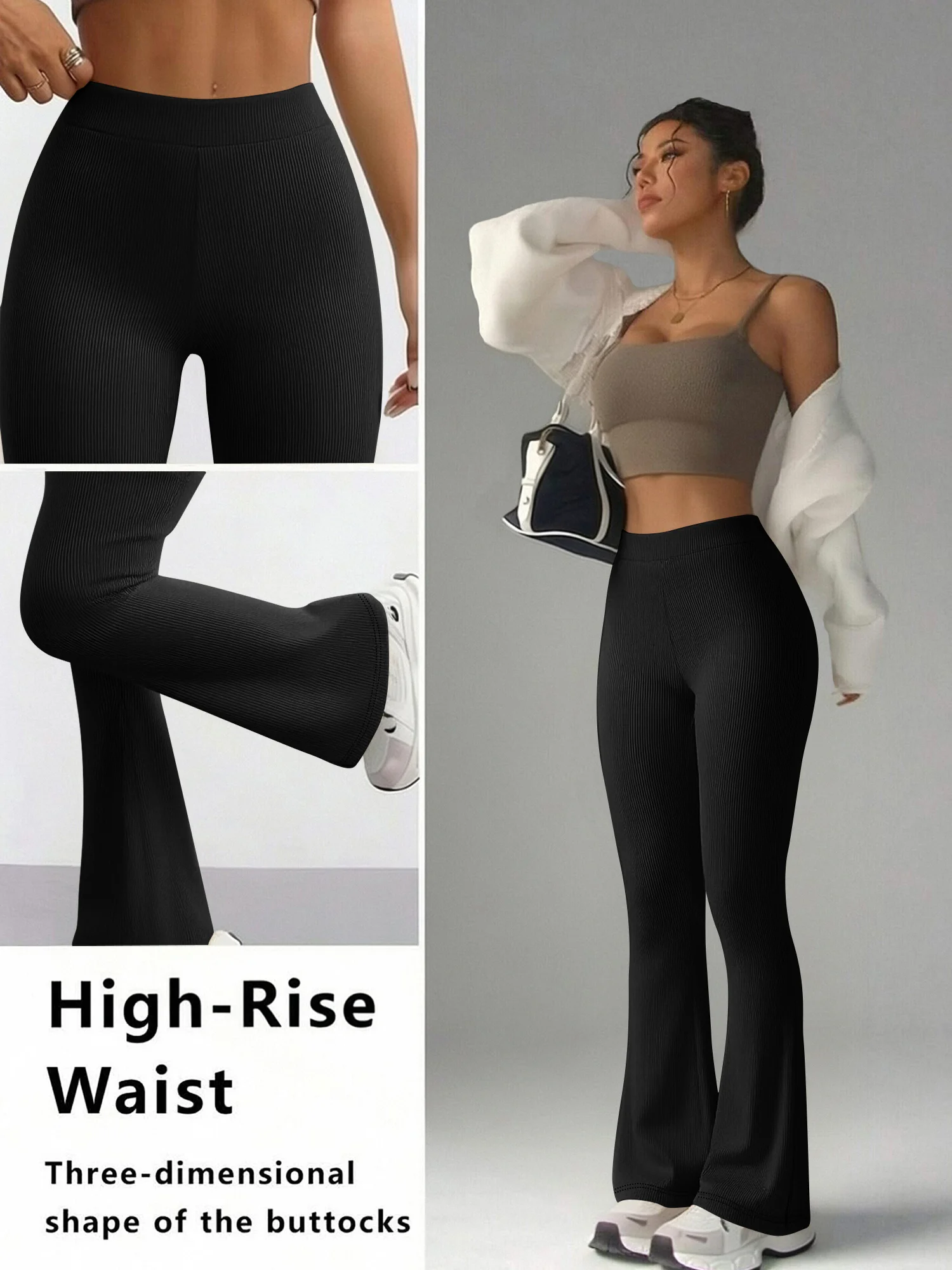 Flowy Ribbed Knit Flare Pants for Women, High Waist Solid Slim Leg Trousers, Comfortable Pants for All-day Daily Wear