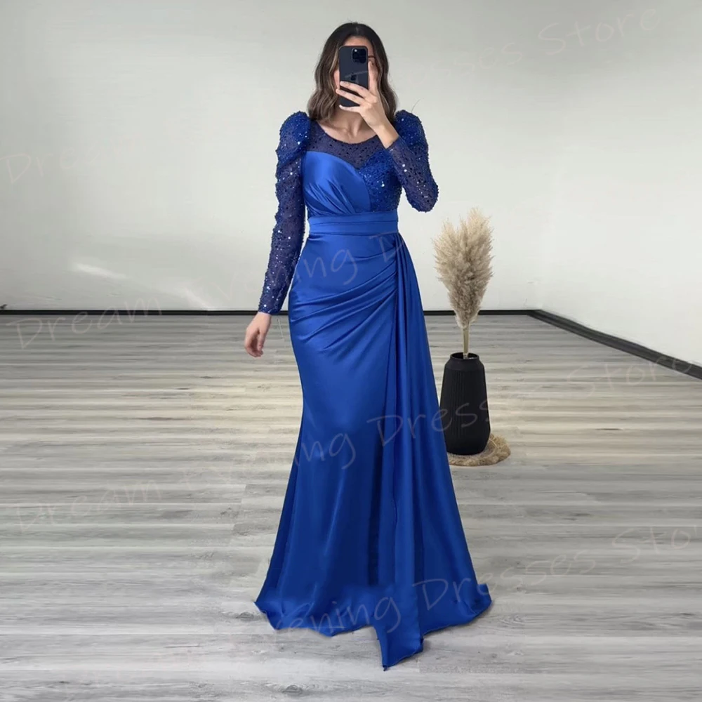 Vestidos De Noche De sirena elegantes para mujer, cuello redondo clásico, manga larga, vestidos De graduación, fiesta Formal, Vestido De Noche con cuentas