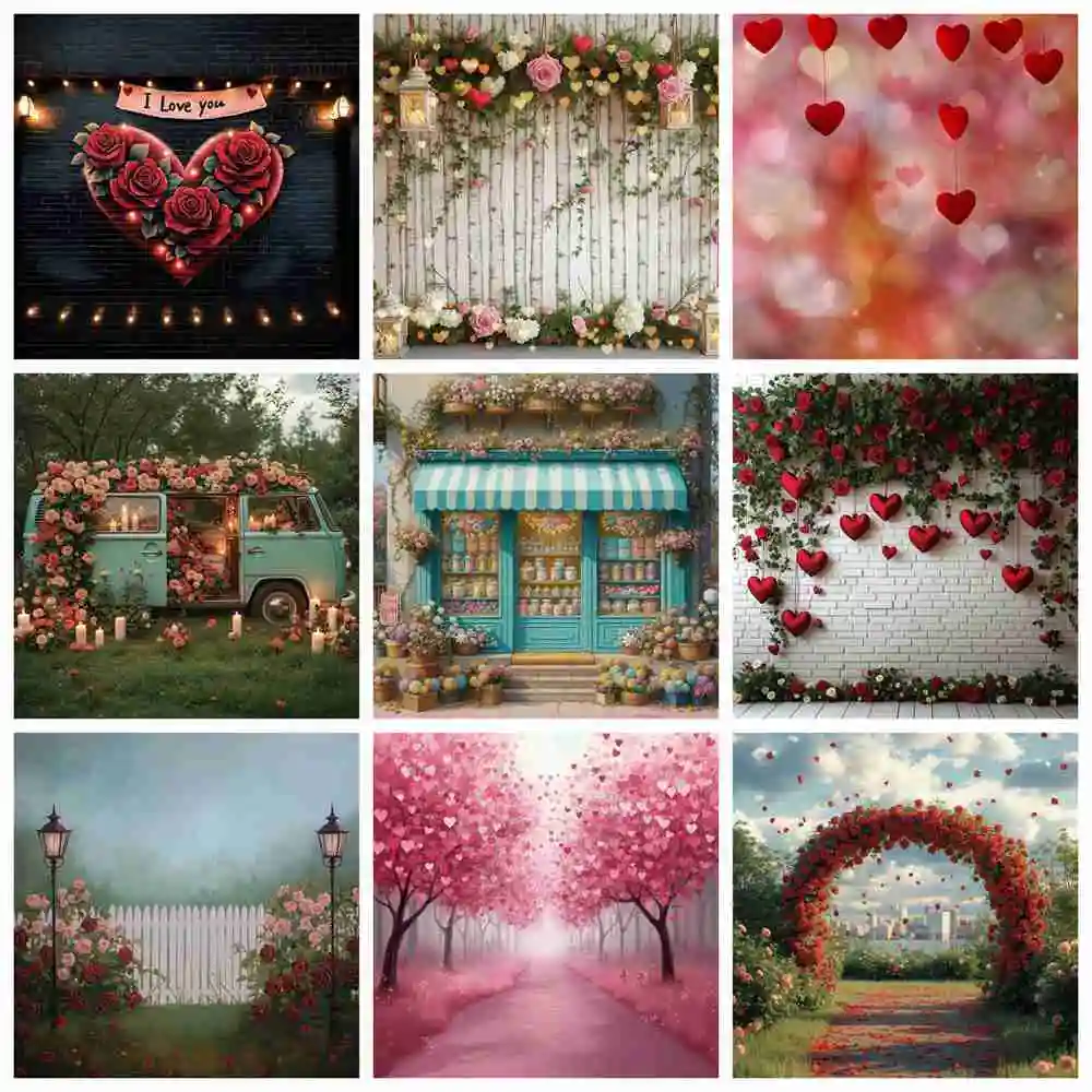 MOON.QG วันวาเลนไทน์พื้นหลังสำหรับถ่ายภาพดอกกุหลาบสีแดงกำแพงอิฐประตูฉากหลังอุปกรณ์เสริมสำหรับสาวถ่ายภาพวอลเปเปอร์