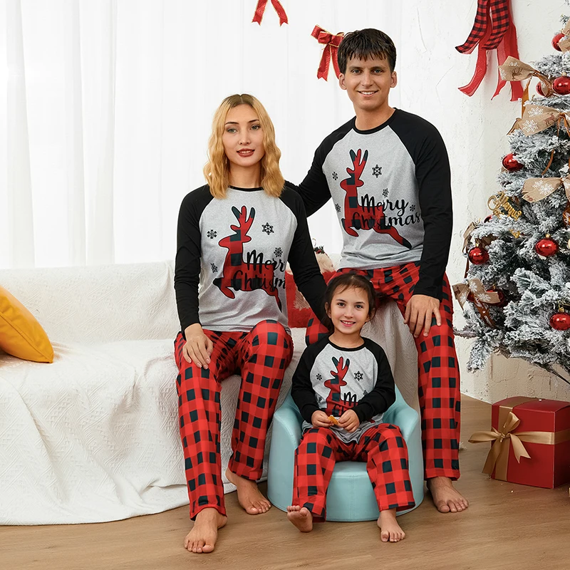 

Family Matching Christmas Pajamas Short Sleeve Reindeer Print Tops Striped Pants Set for Holiday Cheerful Festivities