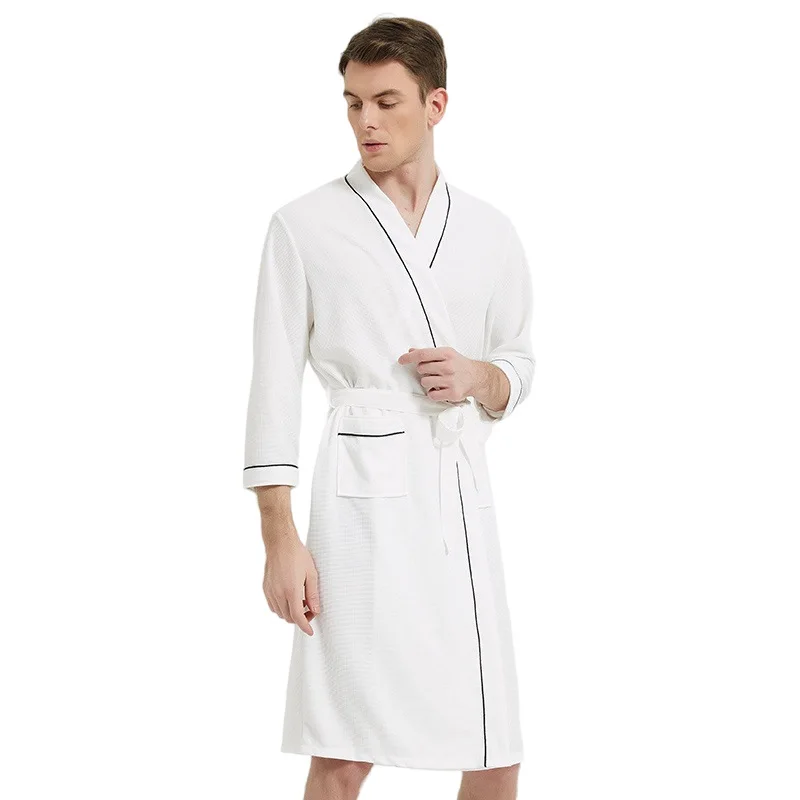 American-Style Men's Pajamas, Spring and Autumn, Three-Quarter Sleeve Waffle Robe, Plus-Size Home Wear, Sleepwear, Morning Robe
