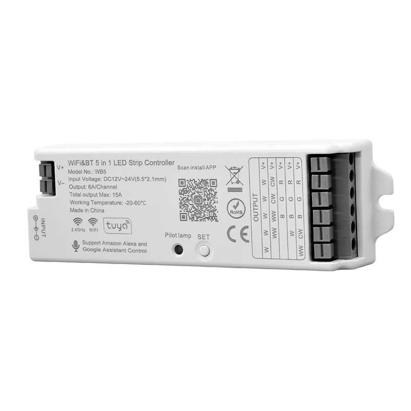 Controlador LED WiFi WB5 Smart WiFi BT 5 en 1, 2,4 GHz RF RGBCCT, control remoto para tira de LED blanca Dual RGB RGBW de un solo Color