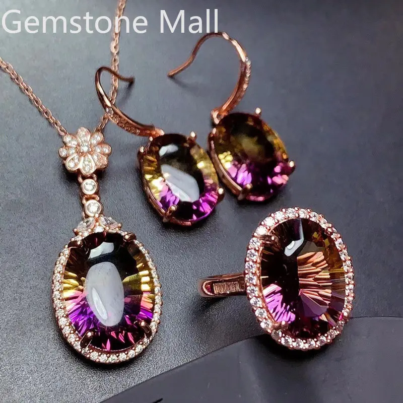 

Natural Ametrine Jewelry Set for Wedding Total 24ct VVS Grade Ametrine Earrings, Ring, Necklace Pendant Woman Birthday Gift