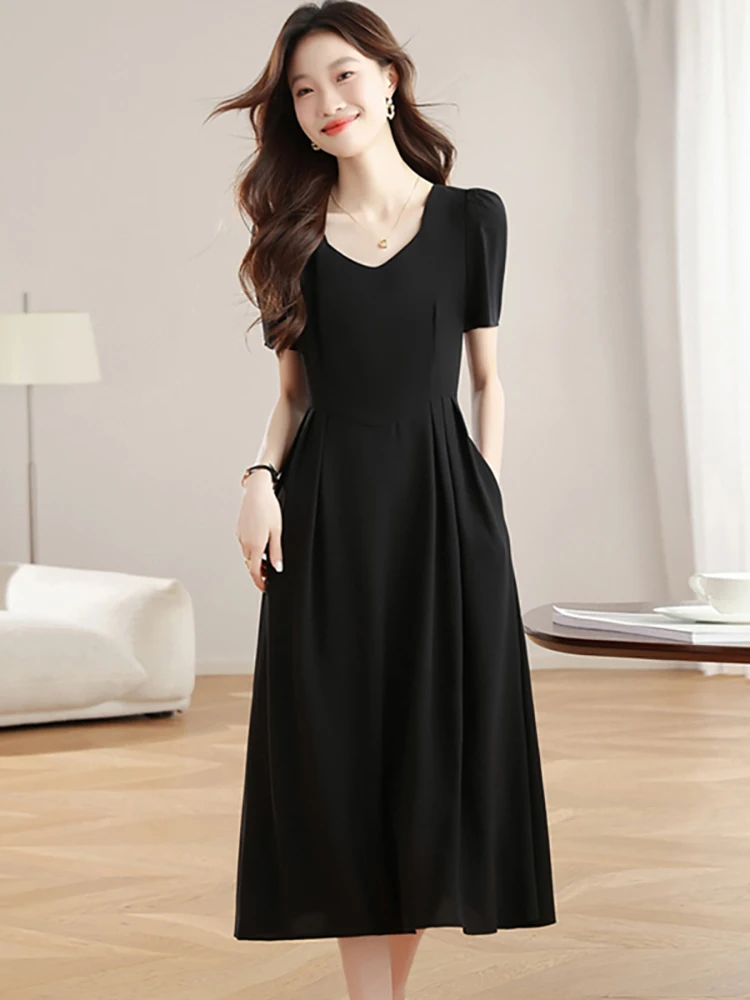 여성 한국 빈티지 헵번 프롬 드레스 여름 블랙 플리츠 바디콘 오피스룩 드레스 2025 신상 우아한 캐주얼 페스티벌 드레스