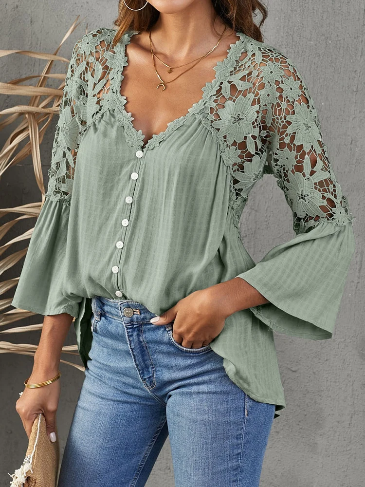 Spring Lace Blouse Women Sexy V Neck Shirts Ladies Hollow Out Flare Sleeve Tops Fashion Office Lady Elegant Shirts Blusas Mujer