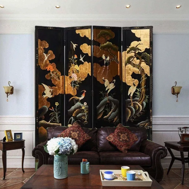 Hand-painted black gold screen, black background flowers and birds light luxury guest bedroom hall partition