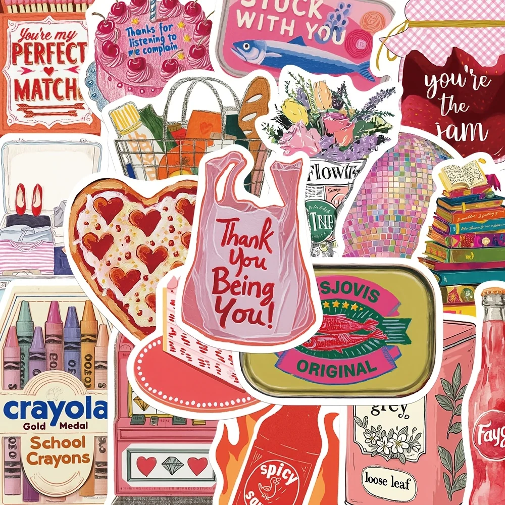 50pcs Pink Retro Aesthetic Stickers Decals for Phone Laptop Scrapbook Skateboard Guitar DIY Graffiti Waterproof Stickers Gifts