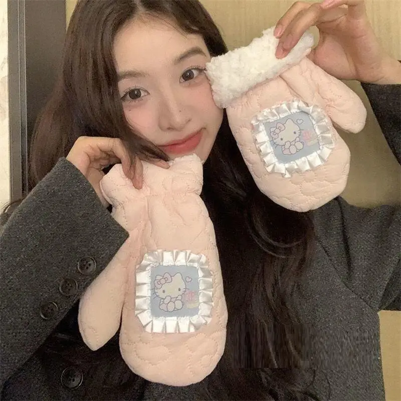 

Sanrio Hello Kitty Glove Girl Winter Thicken Keep Warm Waterproof Neck-Hung Skiing Cycling Kawaii Anime Cartoon Fashion Glove