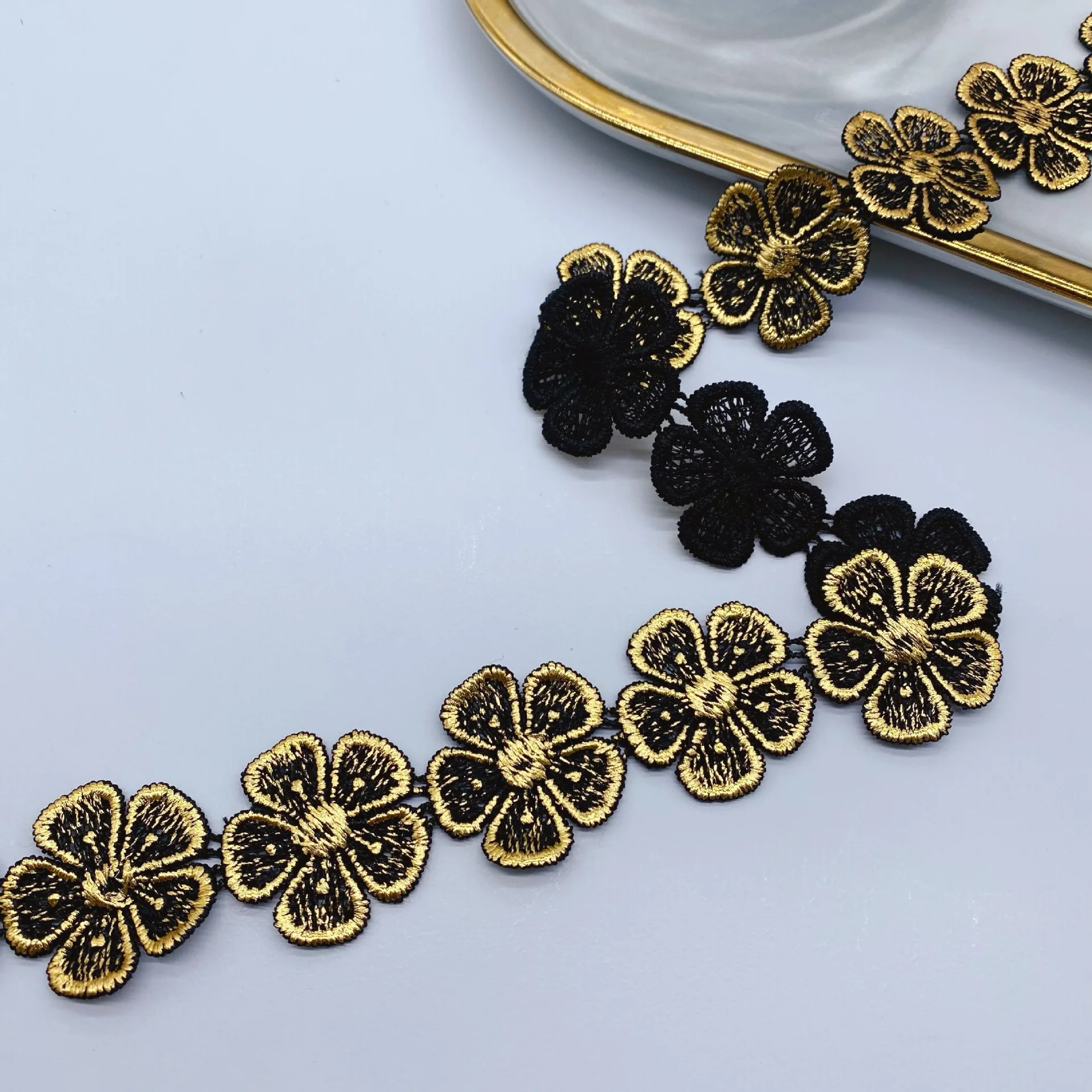 3Yards Of Embroidery Golden Black Small Butterfly Flower Lace Fabric For Clothing Garment Accessories